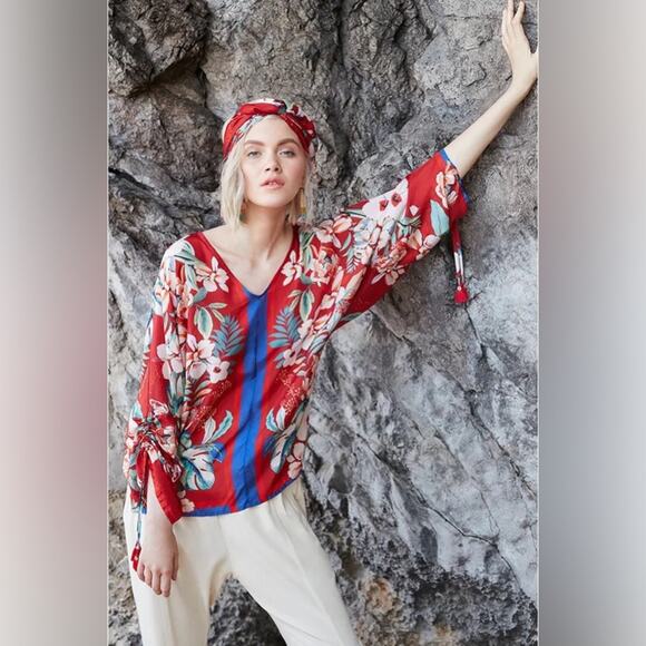 Johnny Was Evy Red Floral 100% Silk Blouse Medium Balloon Sleeve Lightweight - Picture 2 of 14